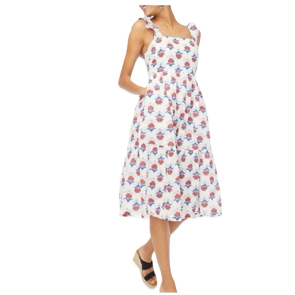 J.CREW Midi Dress Size 14 White Floral Ruffle‎ Sleeve Smocked Cotton Red Blue